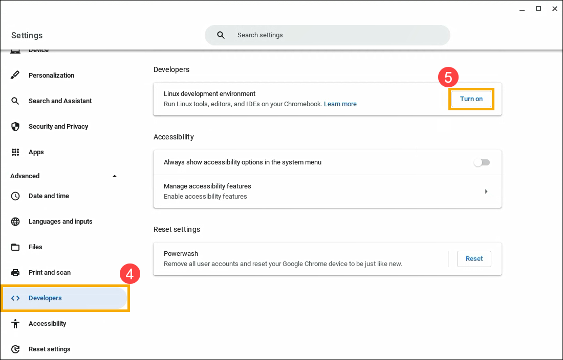 Auto-generated description: A computer settings interface shows options for developers, accessibility, and reset settings, with instructions to turn on the Linux development environment.