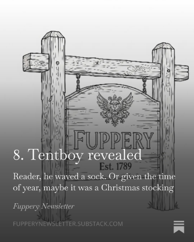 A wooden sign with detailed engravings reads Fuppery, accompanied by text about a newsletter titled Tentboy revealed.